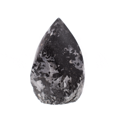 Natural black tourmaline in crystal quartz, polished and curved into a flame shape. It has a cut, flat base and is approximately 11cm high.
